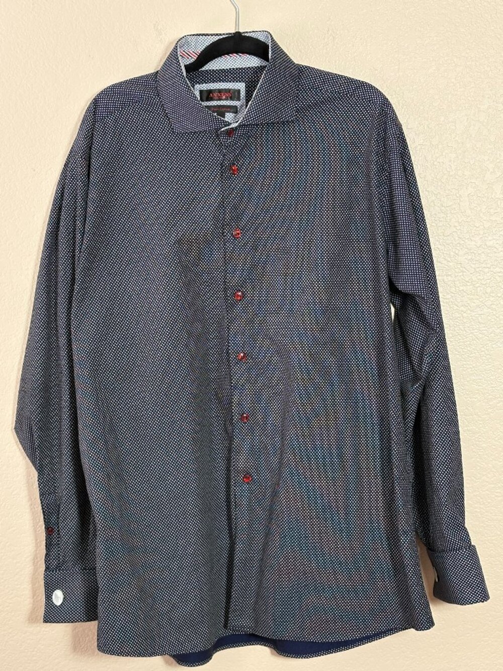 Men's 3XL 100% Cotton French Cuff Dress Shirt Navy Geometric w/ Cufflinks